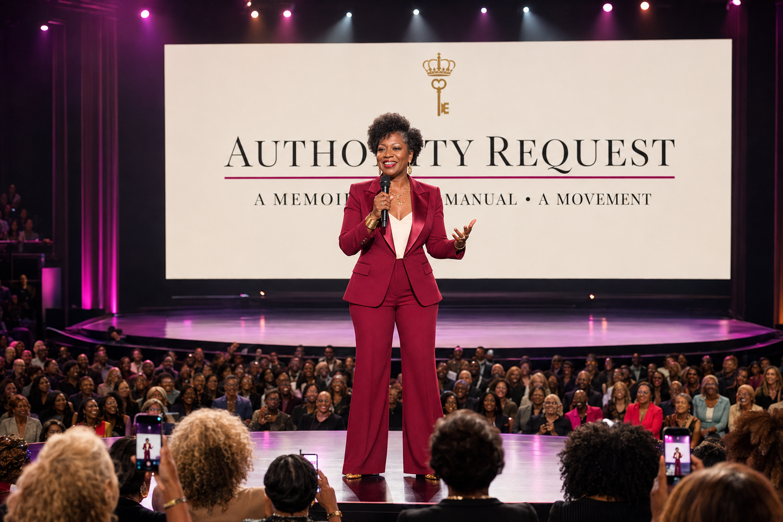 Conceptual vision of Crystal Michael speaking about Authority Request onstage before an audience, with the book's name on the screen behind her.